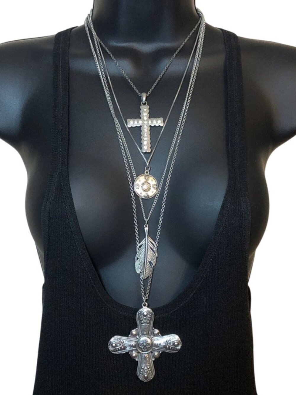 Chico's multi layer chain necklace cross feather medallion + 90's cross necklace
